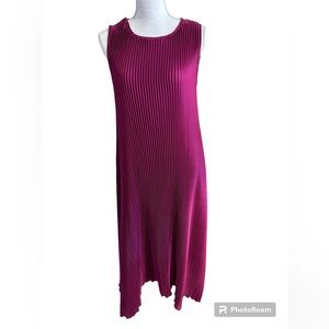 Magenta accordion pleated sleeveless midi dress.